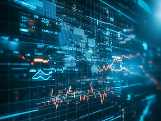 Obraz premium A blurred background with a blue finance graph and investment bar, showcasing growth and success in the market with technology currency reports chart. Business stock world economy AI computer