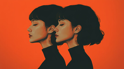 Minimalist portrait with mirrored symmetry, exploring the dual aspects of personality and identity. Mirrored. Illustration