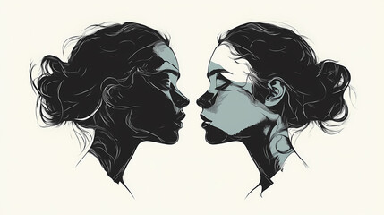 Minimalist portrait with mirrored symmetry, exploring the dual aspects of personality and identity. Mirrored. Illustration