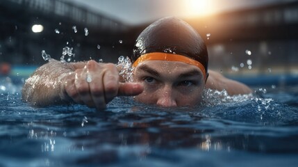 Male in a pool: swimmer close-up, aquatic skill, water splash, athletic effort, freestyle focus, rippling waves, diving motion, competitive edge, muscular form, swimming precision, fitness drive.