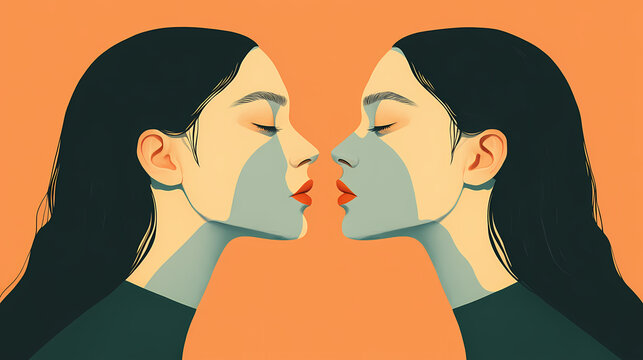 Minimalist portrait with mirrored symmetry, exploring the dual aspects of personality and identity. Mirrored. Illustration