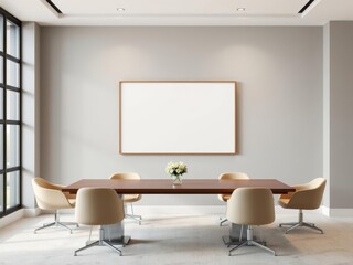 A mockup of office wall art displayed in a conference room layout, furniture, creative