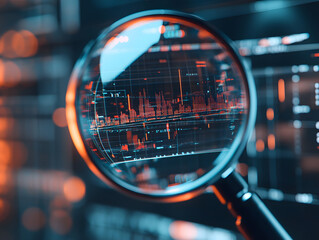 magnifying glass on a computer screen examine graph or charts. Scientific business analytical analysis trend stock performance economy finance commercial commerce technology