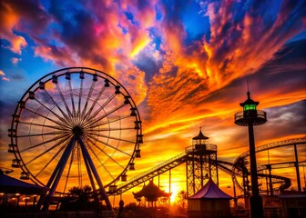Vibrant Silhouette of Amusement Park Rides at Sunset in Texas