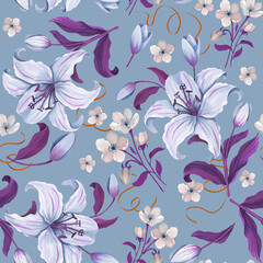 Beautiful lily flowers and spring flowers oil painting seamless pattern. Realistic and wonderful pattern for wallpaper and fabric.
