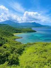 Fototapeta premium Lush green landscape meets crystal-clear turquoise waters under a vibrant blue sky, framed by distant mountains and fluffy clouds. A serene coastal paradise.