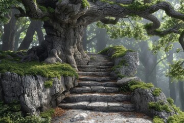 Moss-covered stone steps lead to an ancient tree in a lush forest setting
