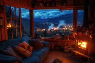 The cozy cabin's interior at night, with a lit fireplace, provides a beautiful vista of San Pablo Lake and the Imbabura Volcano in Ecuador