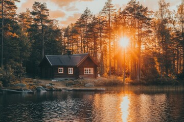 Fototapeta premium An off-grid cabin in the Norwegian wilderness, relying on solar power