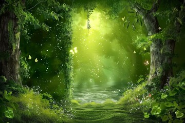 Obraz premium Mystical forest with vibrant greenery and sparkling light filtering through trees at dawn