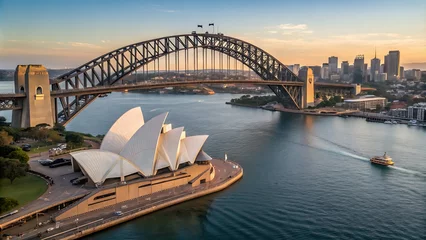 Major architecture landmarks of the city of Sydney and Australia around Sydney harbour in elevated aerial view in warm smooth sunlight at the morning. generative ai