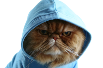 grumpy persian cat in blue hoodie PNG on white background.AI GENERATED