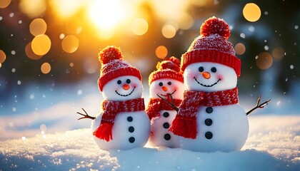 Obraz premium Festive Snowmen Trio in Winter Wonderland Scene