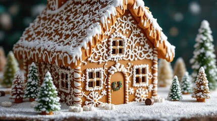 Festive gingerbread house decorated with icing and candy canes, surrounded by miniature Christmas trees and presents in a snowy winter scene. Perfect for holiday cards, websites, and blogs