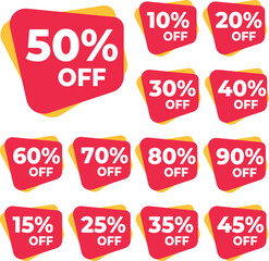 Various discount stickers, set of discount price tags. Red and yellow up to 10,20,30,40,50,60,70,80,90,15,25,35,45 percent, vector illustration isolated on white.EPS 10