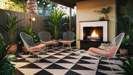 "A vintage mid-century patio featuring an outdoor fireplace, stylish wire-frame furniture, and a checkerboard tile floor, surrounded by tropical plants and string lights, evoking a classic California 
