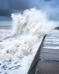 Whirling Waves Crash Against the Seawall During a Fierce Wind Warning in Coastal Town