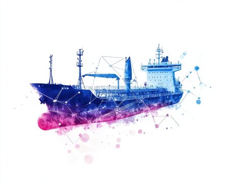 A modern cargo ship with a vibrant digital overlay, representing the shipping industry.