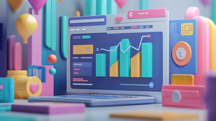 A modern monitor showcasing a business charts, colorful workplace with Digital Marketing Analytics and profit Charts, 3D of a digital tablet showcasing colorful graphs and charts.