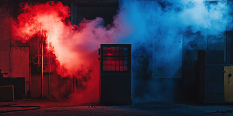 Intriguing interplay of red and blue smoke fills an industrial space, highlighting a vintage air conditioning unit. The vibrant colors create a captivating ambiance for an artistic display.
