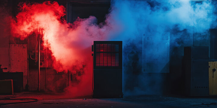Intriguing interplay of red and blue smoke fills an industrial space, highlighting a vintage air conditioning unit. The vibrant colors create a captivating ambiance for an artistic display.