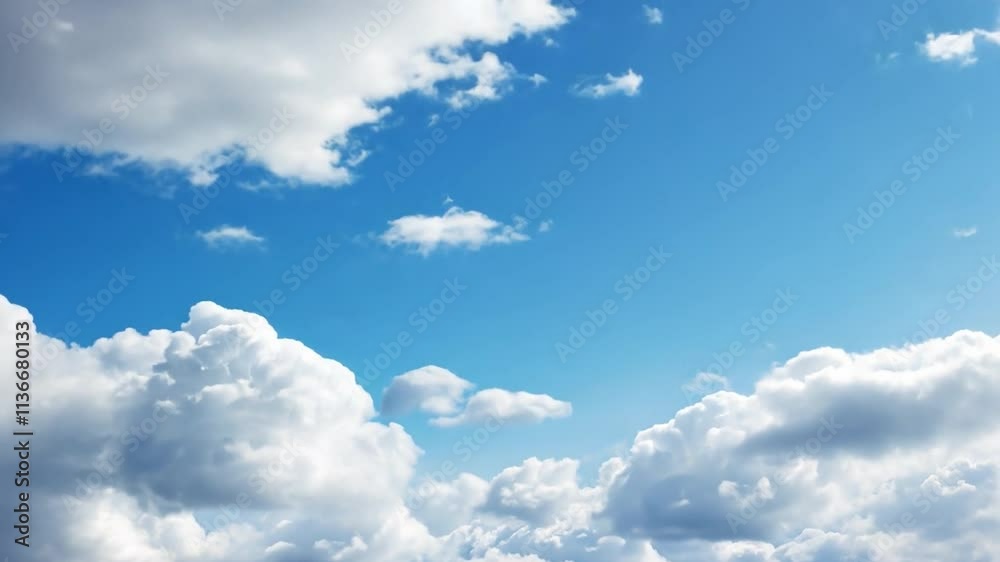 Poster azure canvas: a breathtaking panorama of fluffy white clouds drifting across a cerulean sky, evoking
