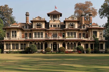 Naklejka premium Historic mansion in scenic surroundings with well-maintained gardens and a clear blue sky