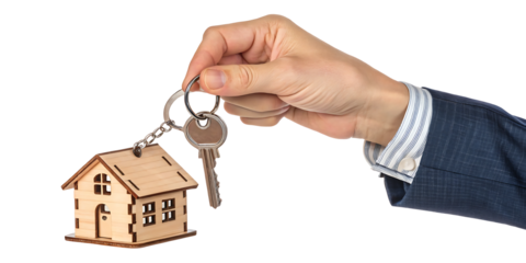 hand holding house keys with keychain isolated white background.AI GENERATED