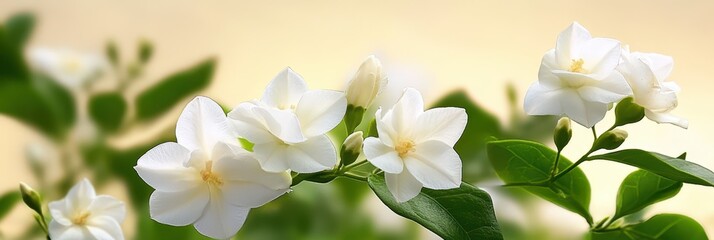 Obraz premium Delicate Jasmine Flowers Blossom Gracefully on Lush Greenery Under Soft Sunlight