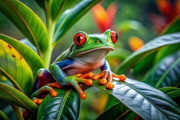 Vibrant Tree Frog Perched on Lush Green Plant in a Panoramic Landscape Capturing Nature's Beauty and Intricacies of Tropical Rainforest Ecosystems