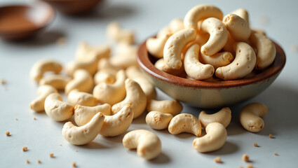 Fototapeta premium Cashews: Delicious, crunchy, and nutritious nuts. Perfect for healthy snacking, cooking, or gourmet treats. Enjoy roasted, salted, or raw for any occasion.