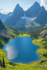 Fototapeta premium Serene lake surrounded by majestic mountains and lush greenery in a tranquil landscape