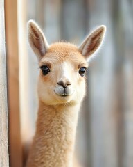 Obraz premium Young and Curious Llama Smiling Softly Against a Rustic Wooden Backdrop