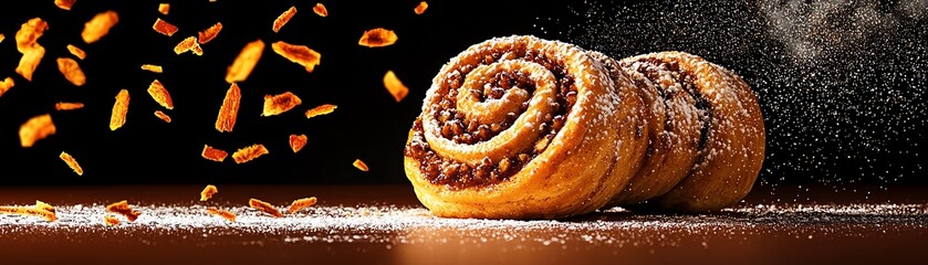 Fototapeta premium Finnish korvapuusti cinnamon rolls, a lakeside sauna steaming under a snowy forest canopy