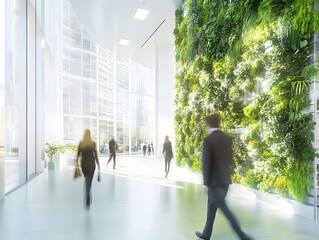 Abstract long exposure motion crowd business people walking commercial centre corporate green office in modern city lobby. Green sustainability natural light indoor plants garden environment