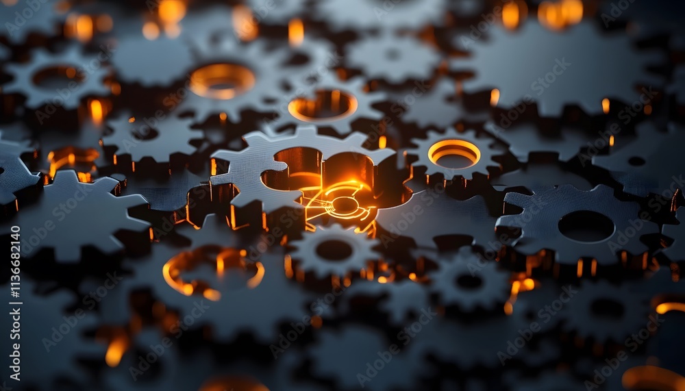 Leinwandbilder close-up view of interlocking gears with warm glowing light emphasizing the intricacies of mechanica