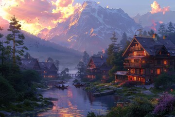 Fototapeta premium Sunset over a serene mountain village with glowing cabins and calm waters