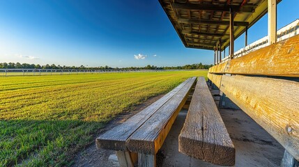 Serene View of an Abandoned Baseball Dugout Overlooking a Sunlit Field Under a Clear Blue Sky During Golden Hour at a Rural Sports Complex