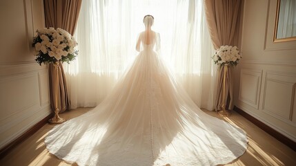 Bride in elegant wedding dress stands by window radiating soft sunlight in a beautiful setting