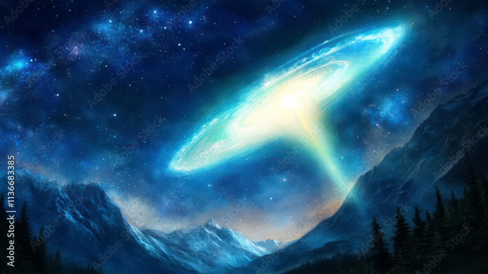 Poster lifted into the unknown as light beams down from a celestial craft in a starry night