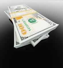 Stack of Thirty Thousand Dollars of One Hundred Dollar Bills on Black Reflective Surface.