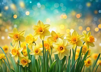 Fototapeta premium Vibrant Yellow Daffodils in Bloom Against a Soft Focus Background with Ample Copy Space for Text or Graphics, Perfect for Spring-Themed Projects
