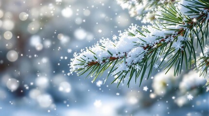 Snow-covered pine branch with falling snowflakes. Perfect for Christmas, winter, holiday, and nature themes. Beautiful bokeh background