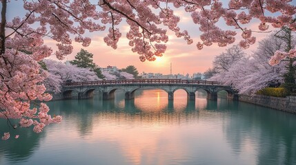 Fototapeta premium Cherry blossom trees surrounding a bright orange bridge over a tranquil pond in springtime
