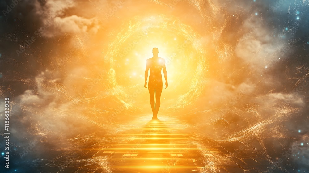 Aufkleber ethereal journey of a silhouette walking towards a brilliant light with a heavenly atmosphere filled
