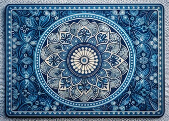 Obraz premium Victorian Floral Playing Card Back Design: Blue, Grey, White Circles & Flowers, Geometric Interlocking Pattern, Portrait Photography Style