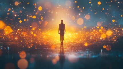 Naklejka premium Silhouette of a Person Enveloped in a Dreamlike Atmosphere of Bright Orbs and Sparkles Reflecting a Sense of Wonder and Cosmic Connection to the Universe