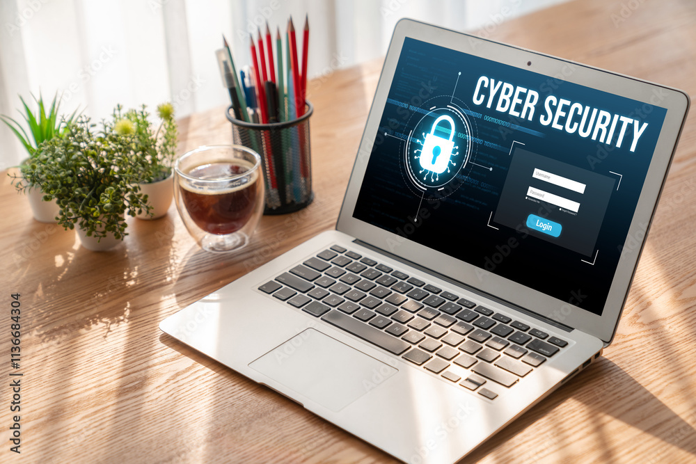 Poster cyber security system on computer screen protect private information snugly from hacker and cyber at