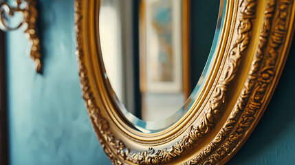 Elegant vintage round ornamental mirror with intricate gold frame design, perfect for classic home or vintage decor. Mirrored. Illustration