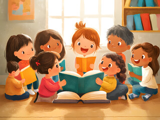 group of diverse young kids children student reading book listen story class kindergarten school education learning classroom library happy heartwarming storytelling cartoon illustration cute digital